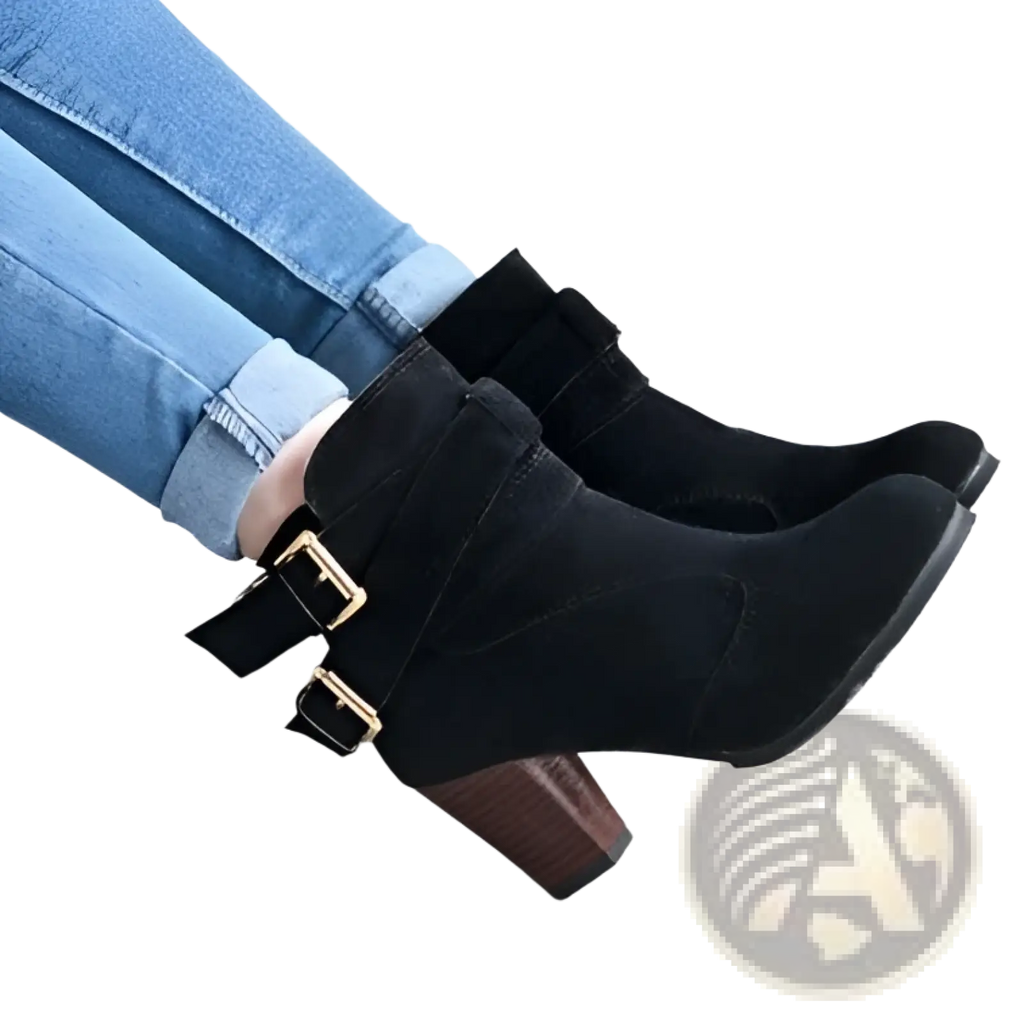 Leather Ankle Boots Gold Buckle Block Heel Pumps