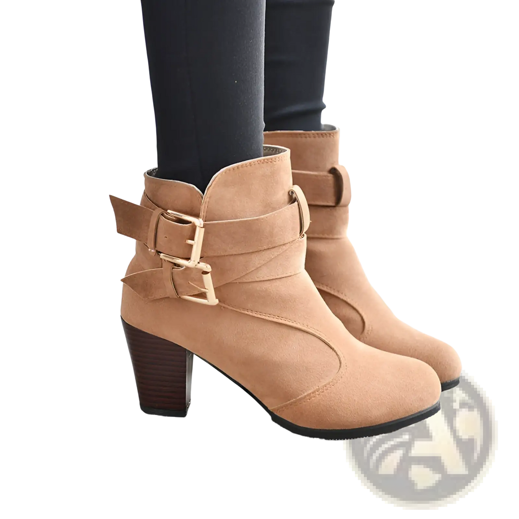 Leather Ankle Boots Gold Buckle Block Heel Pumps