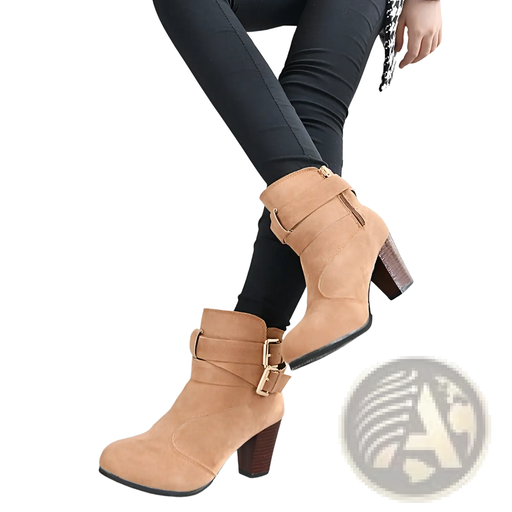 Leather Ankle Boots Gold Buckle Block Heel Pumps