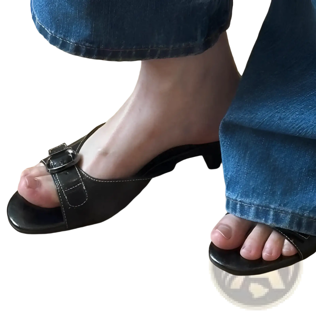 Leather Buckle Mule Sandals for Women Square Toe