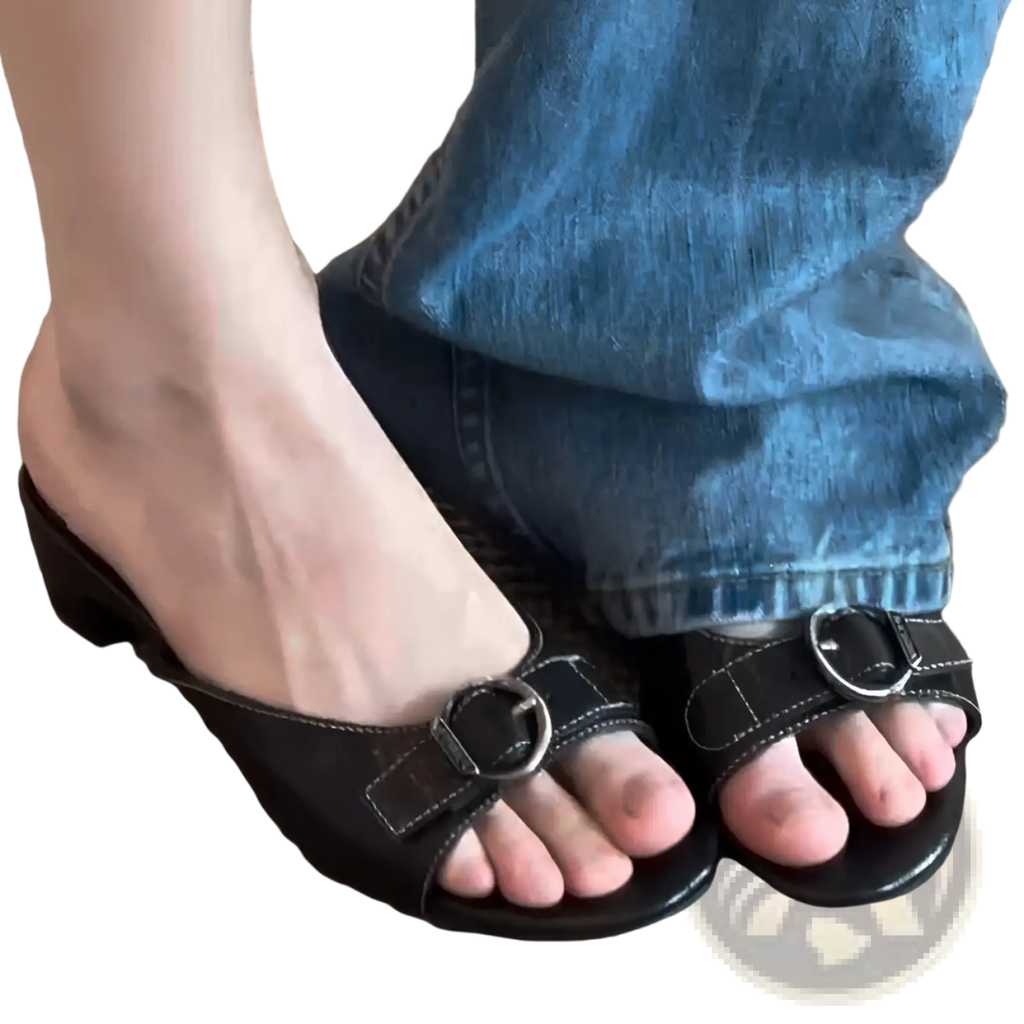 Leather Buckle Mule Sandals for Women Square Toe