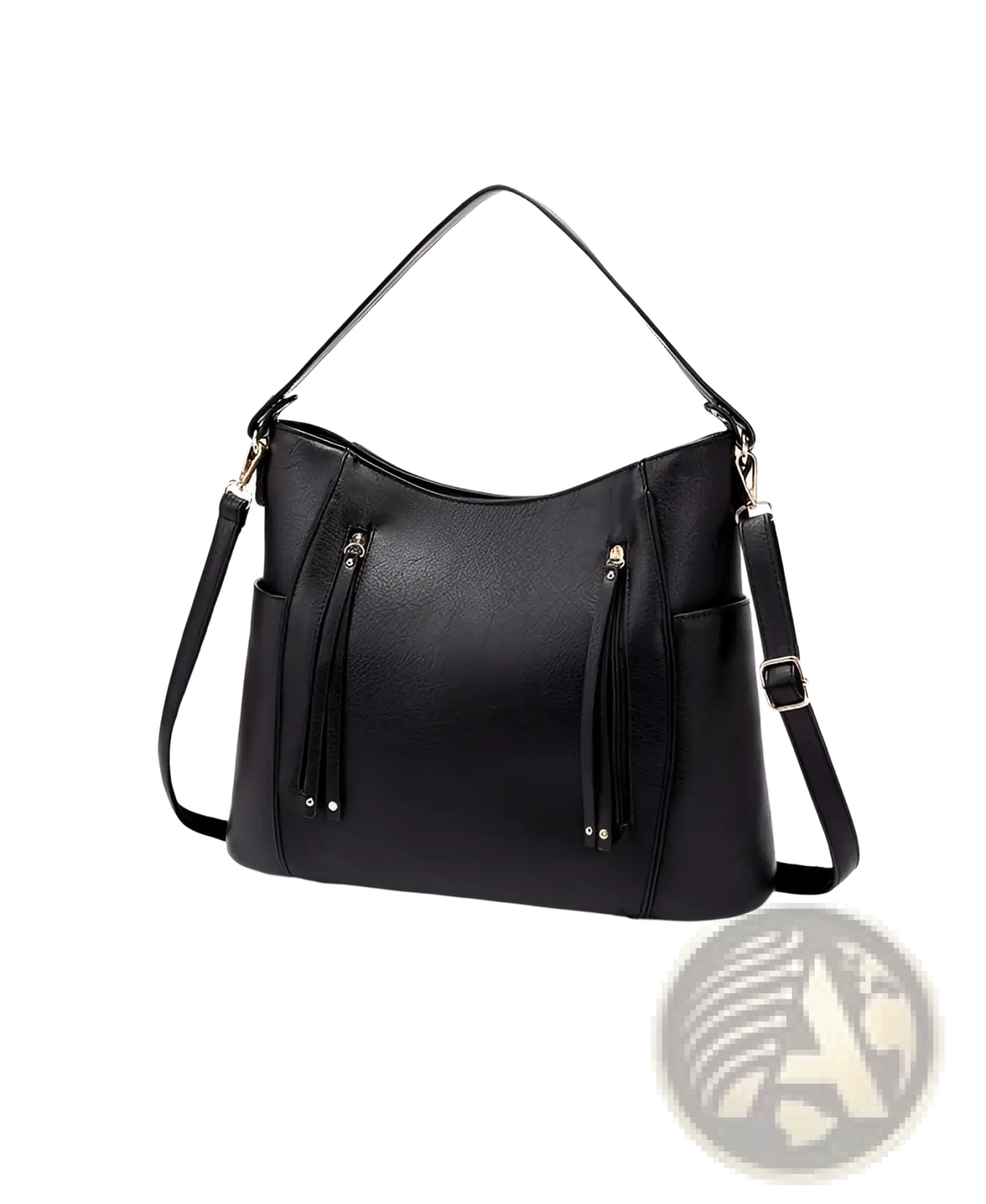 Leather Hobo Bag with Tassel and Front Zipper Pockets