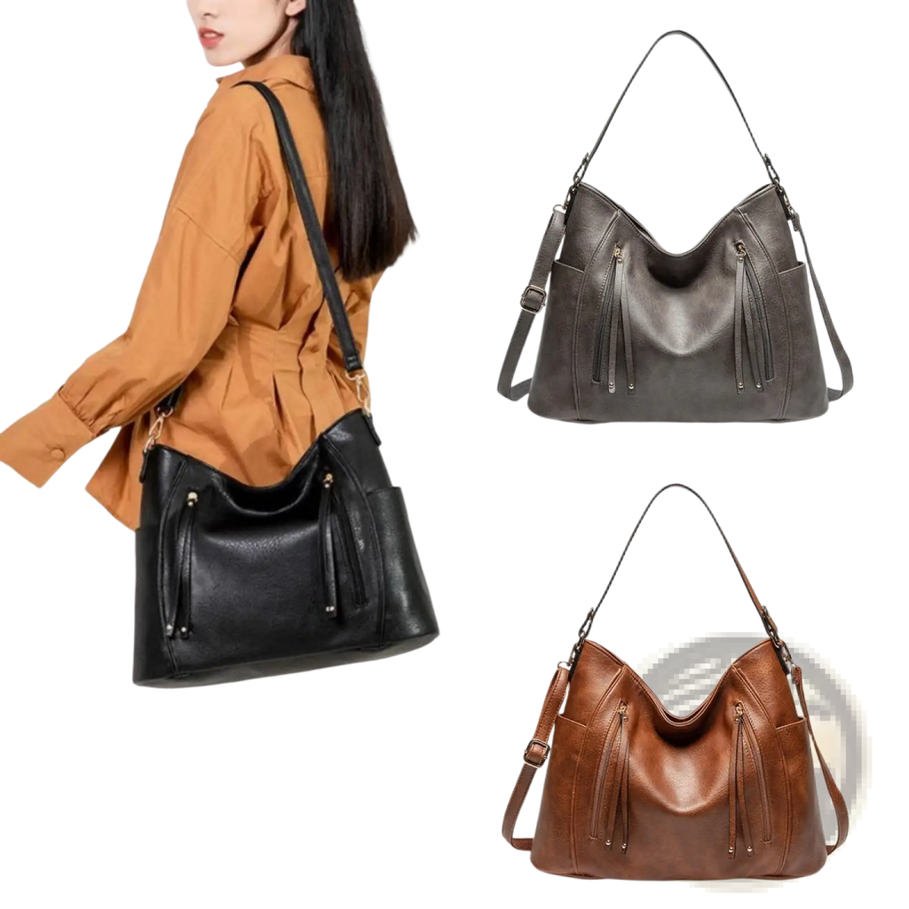 Leather Hobo Bag with Tassel and Front Zipper Pockets