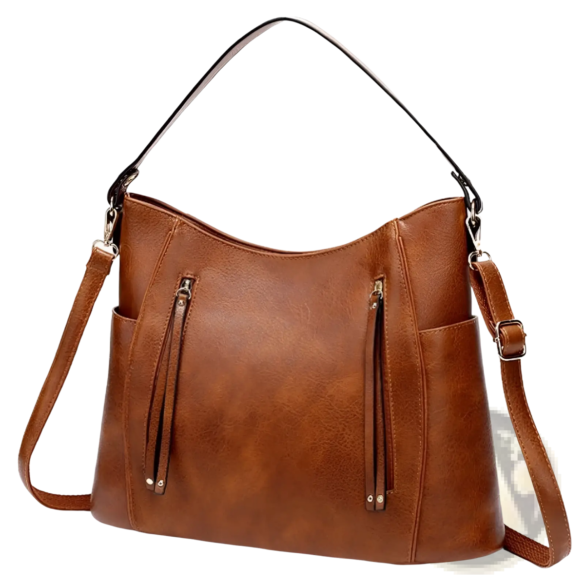 Leather Hobo Bag with Tassel and Front Zipper Pockets