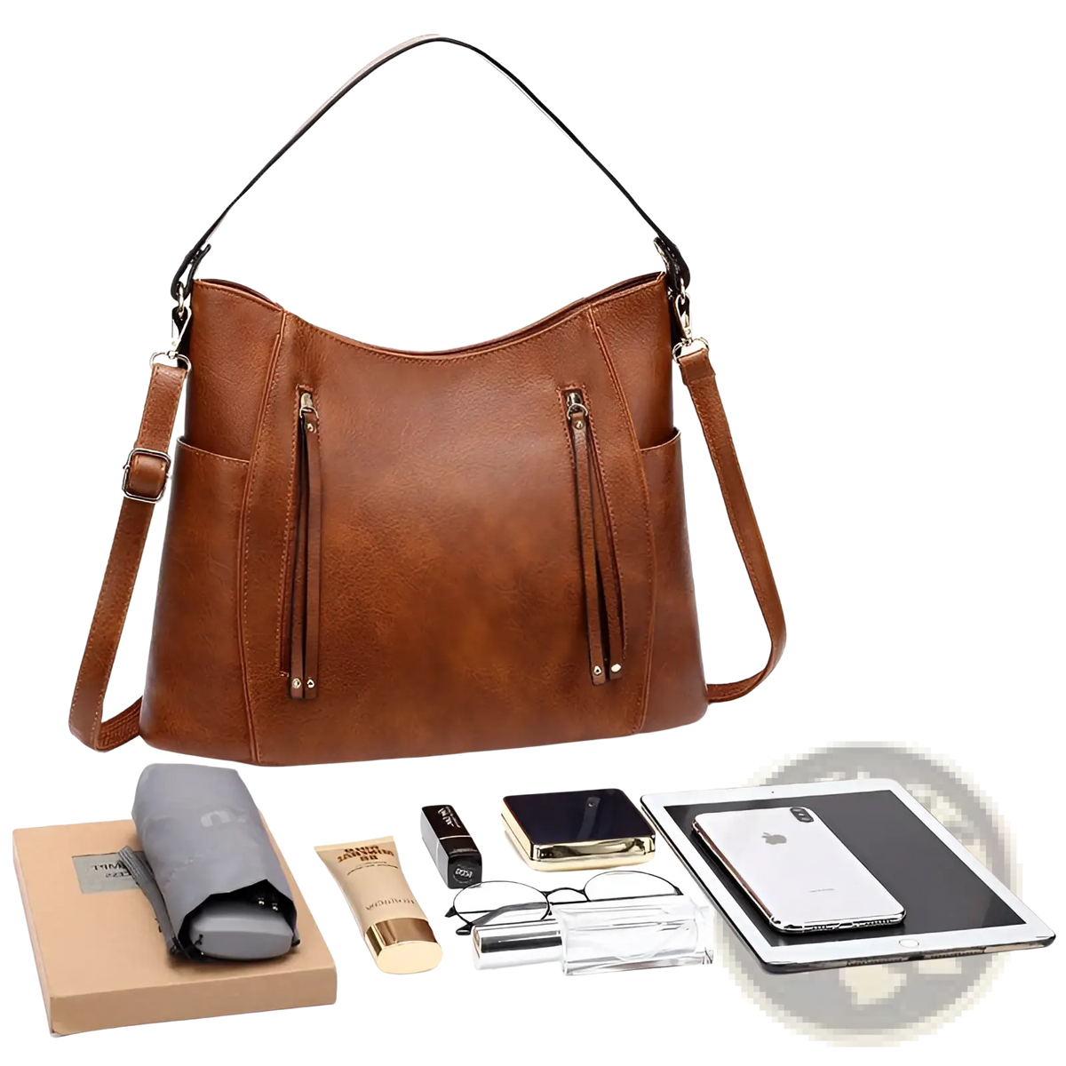 Leather Hobo Bag with Tassel and Front Zipper Pockets