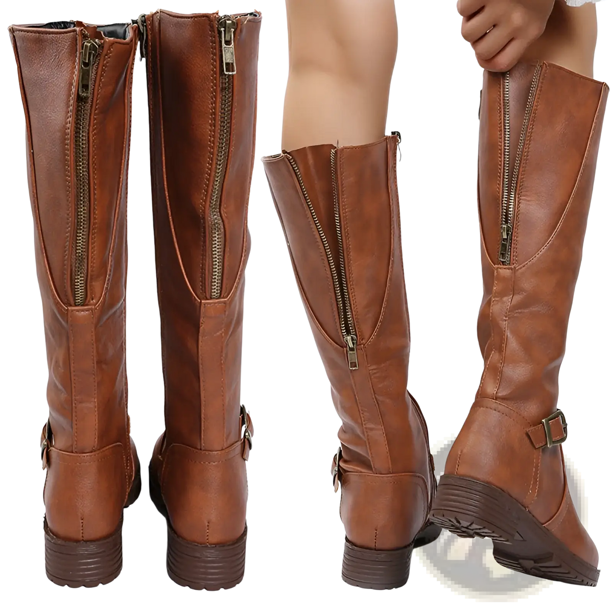 Leather Knee High Knight Boots with Buckle Strap