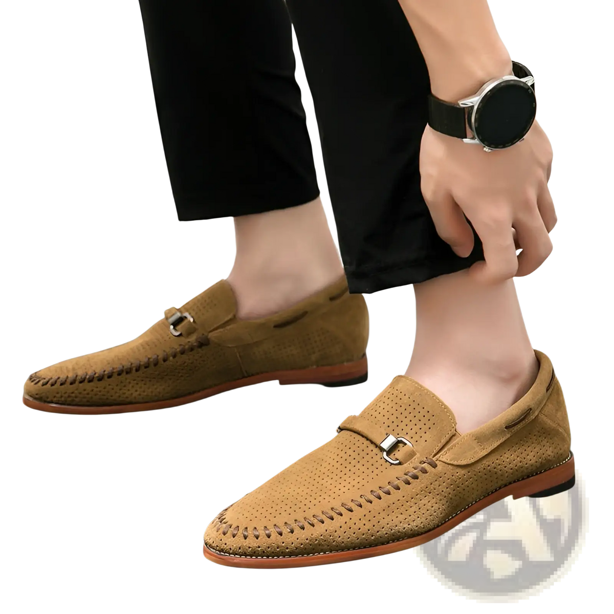 Leather Loafers Perforated Suede Slip on Shoes