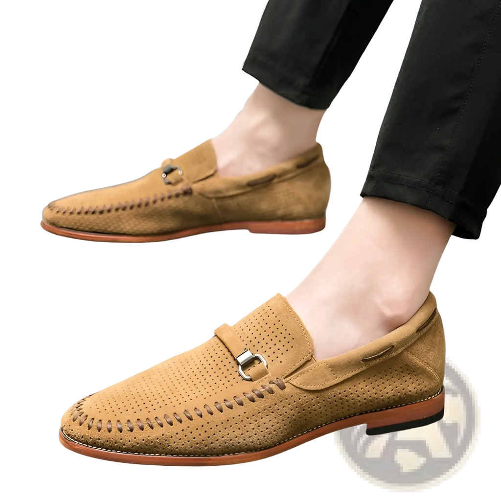 Leather Loafers Perforated Suede Slip on Shoes