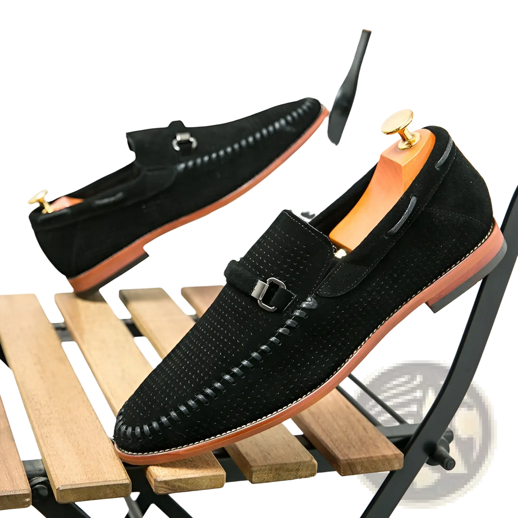 Leather Loafers Perforated Suede Slip on Shoes
