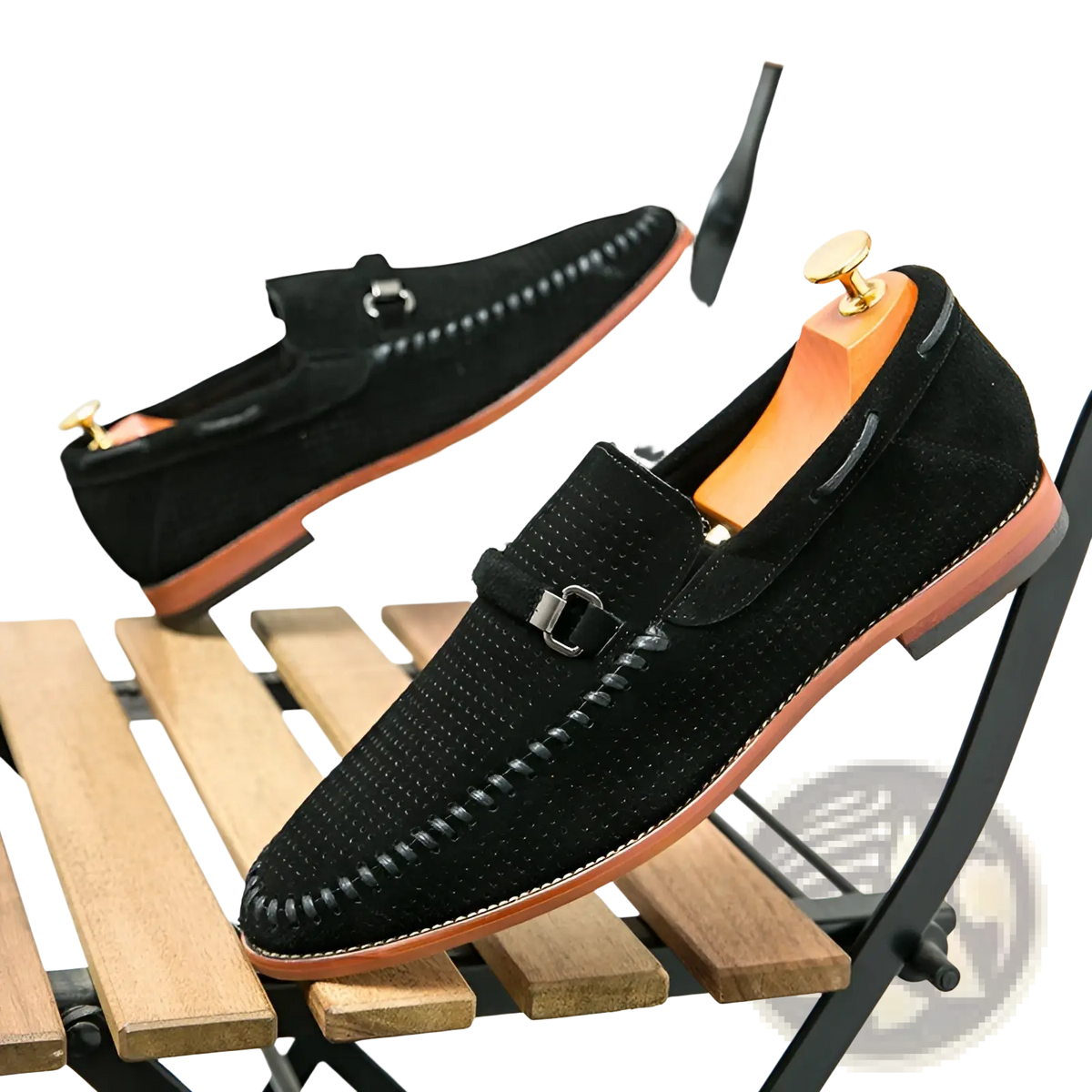 Leather Loafers Perforated Suede Slip on Shoes