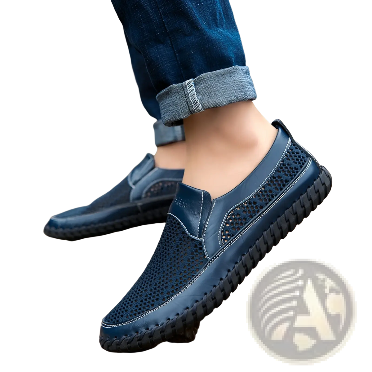 Leather Mesh Slip on Loafers with Braided Rubber Sole