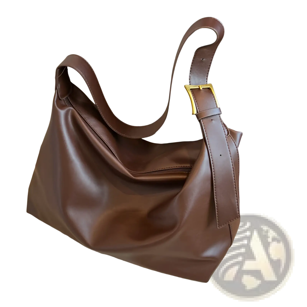 Leather Shoulder Bag with Gold Buckle and Strap
