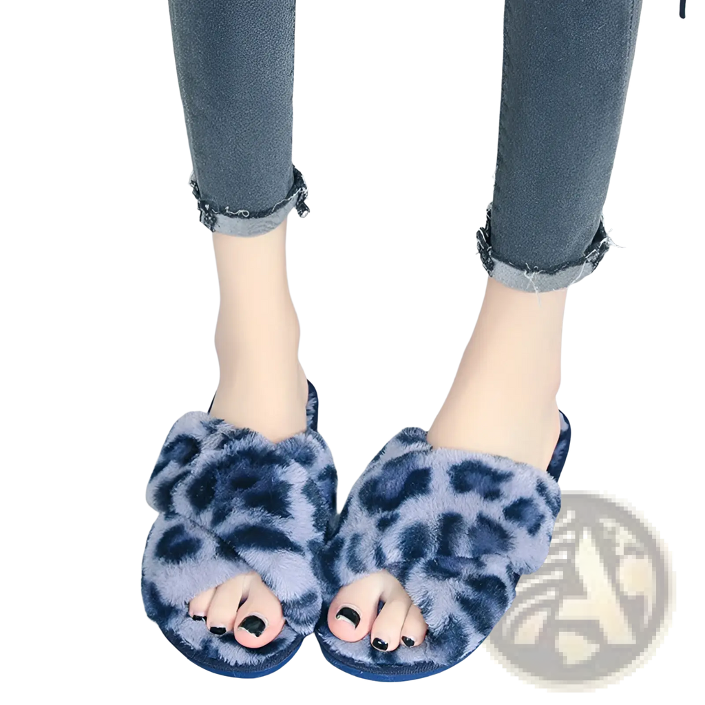 Leopard Fuzzy Cross Strap Plush House Slippers
