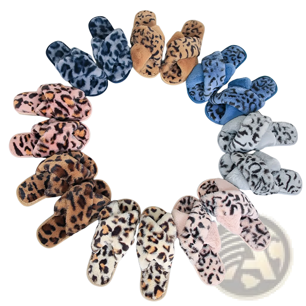 Leopard Fuzzy Cross Strap Plush House Slippers