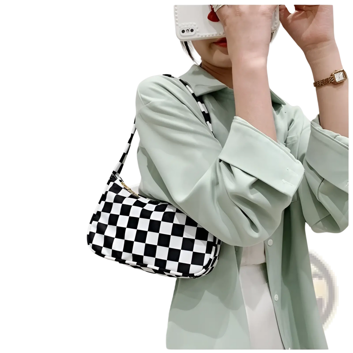 Leopard Print and Checkered Nylon Underarm Bag