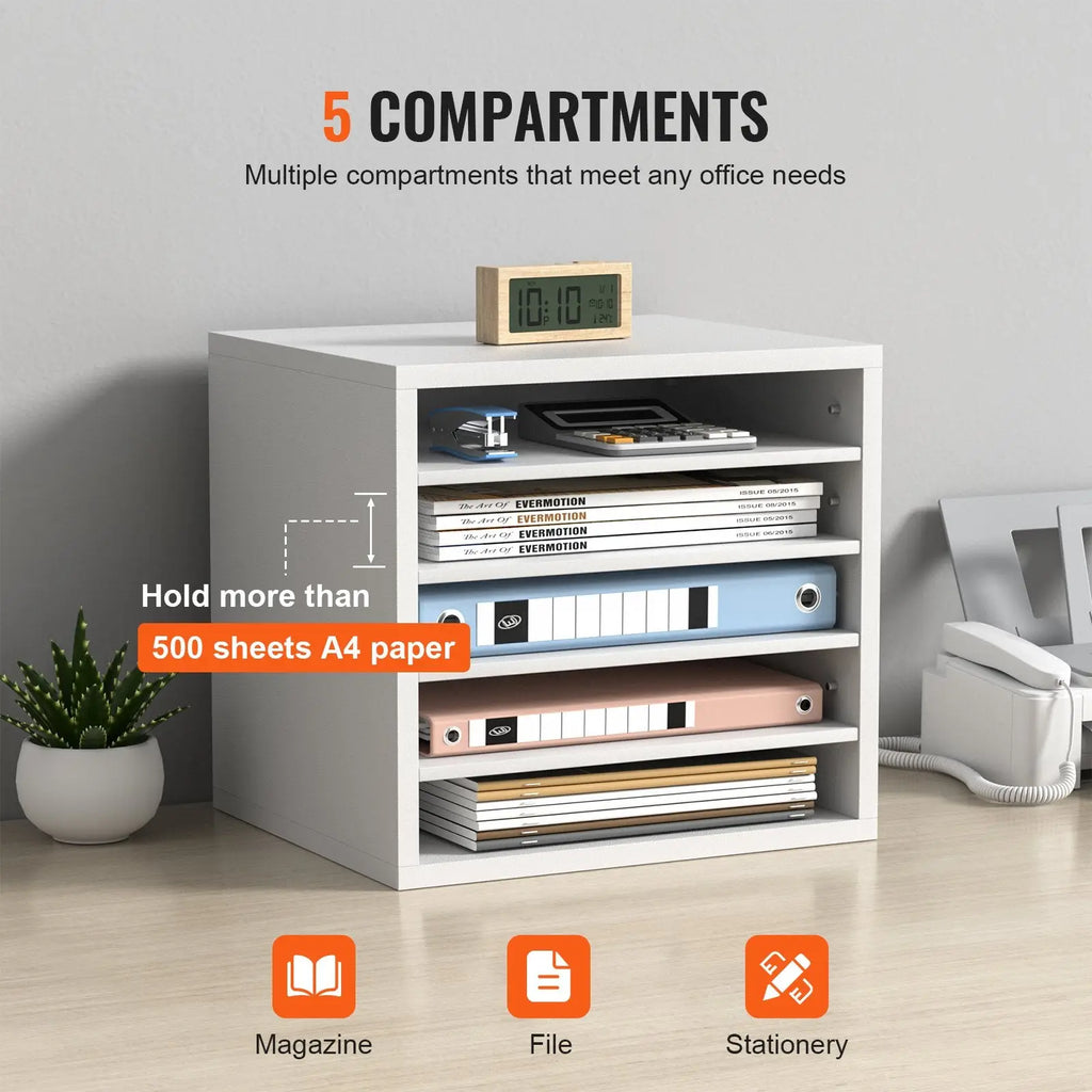 Literature Organizer 5 Compartment Wood Mail Sorter White