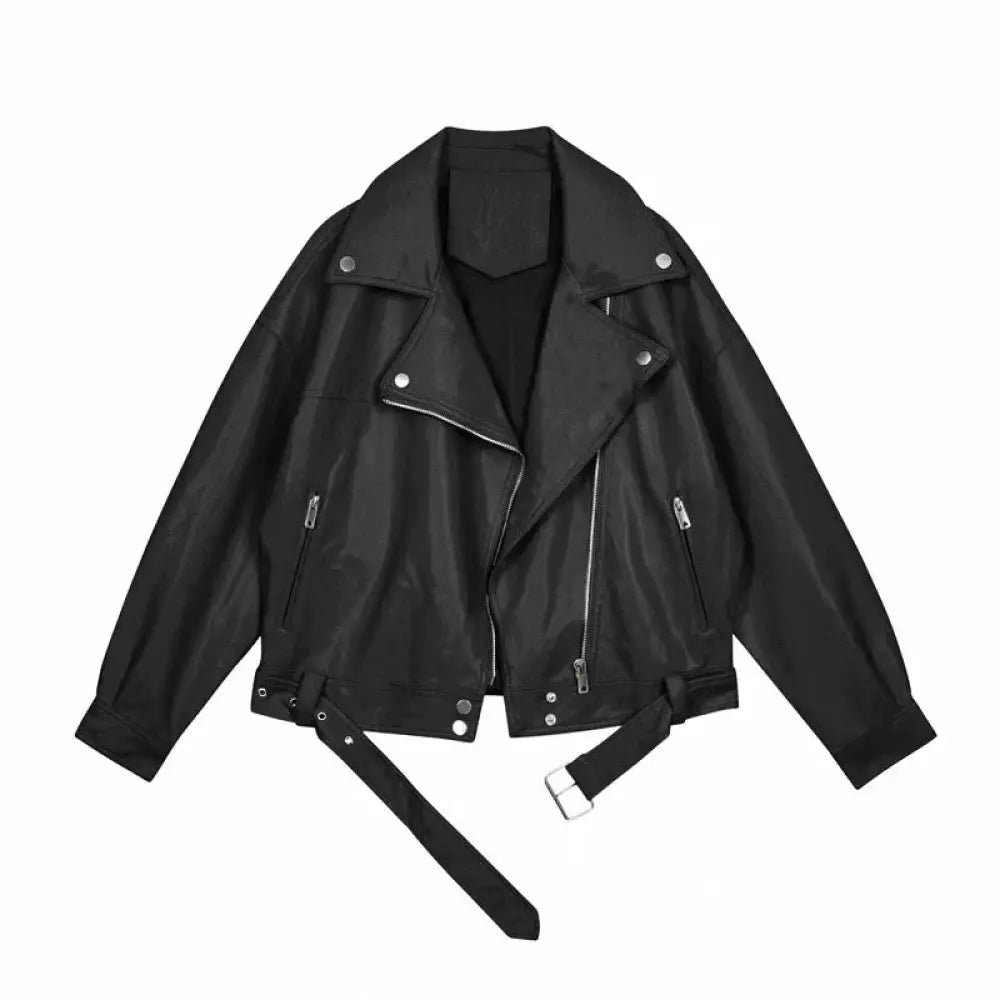 Women's Faux Leather Belted Biker Moto Jacket