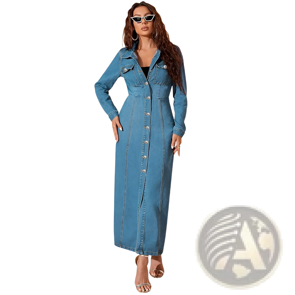 Long Sleeve Button Front Denim Maxi Cardigan Dress