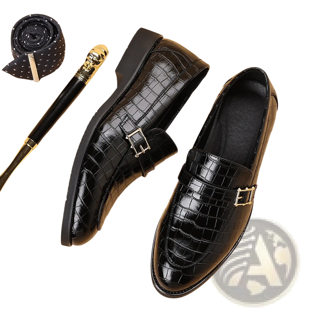 Men Leather Croco Loafers with Silver Buckle