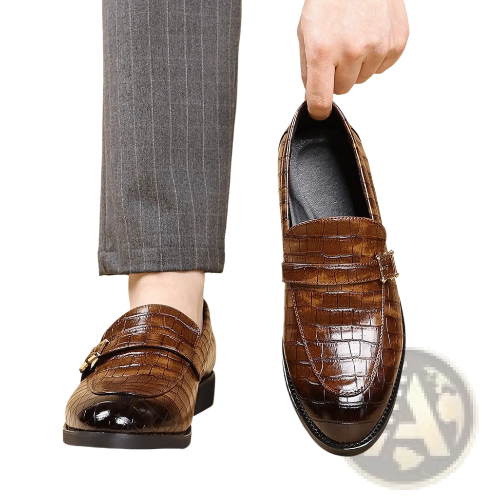 Men Leather Croco Loafers with Silver Buckle
