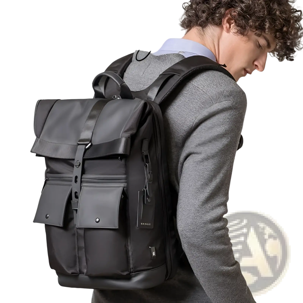 Men's 16 Inch Roll Top Laptop Backpack Black Nylon