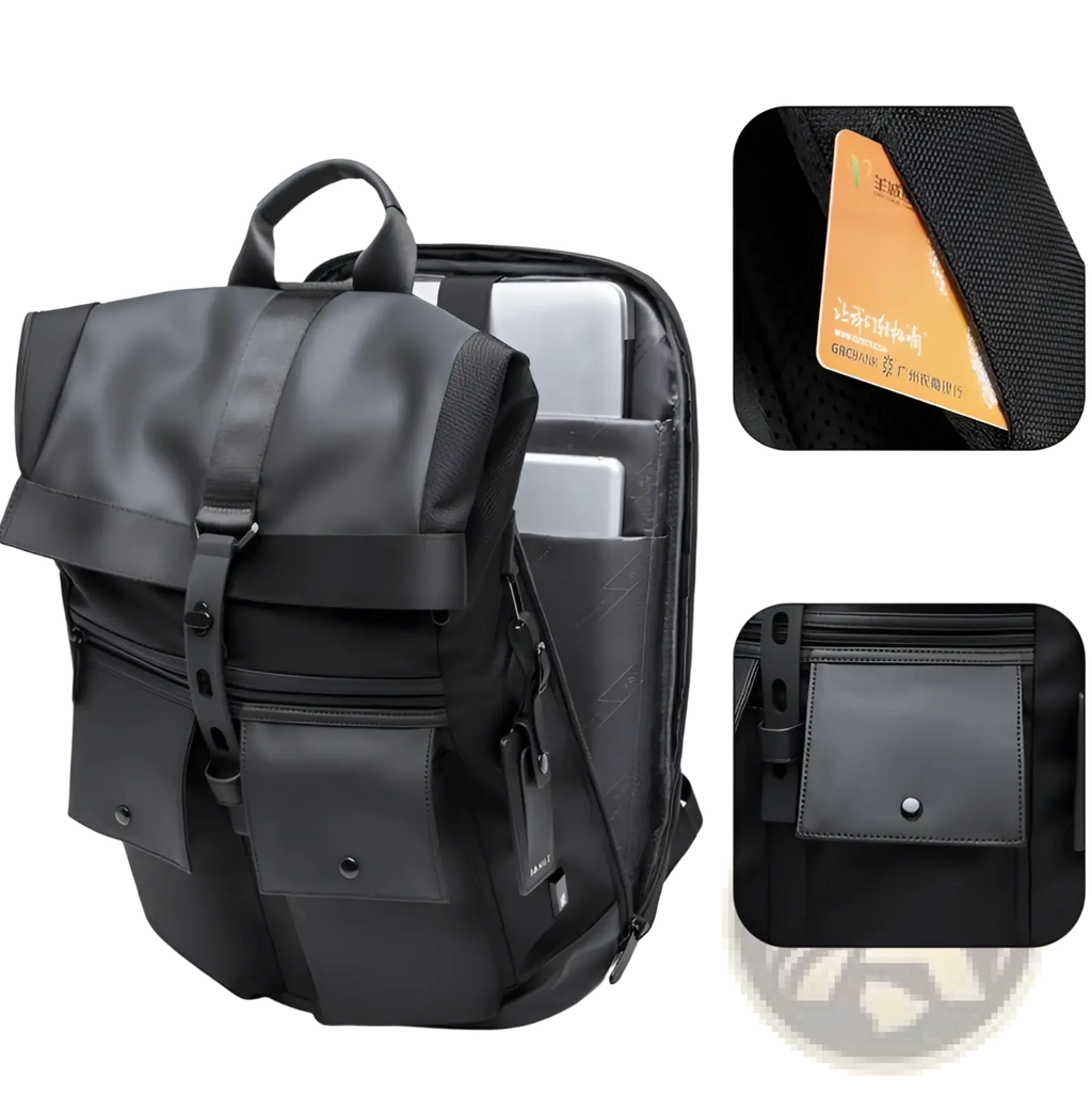 Men's 16 Inch Roll Top Laptop Backpack Black Nylon