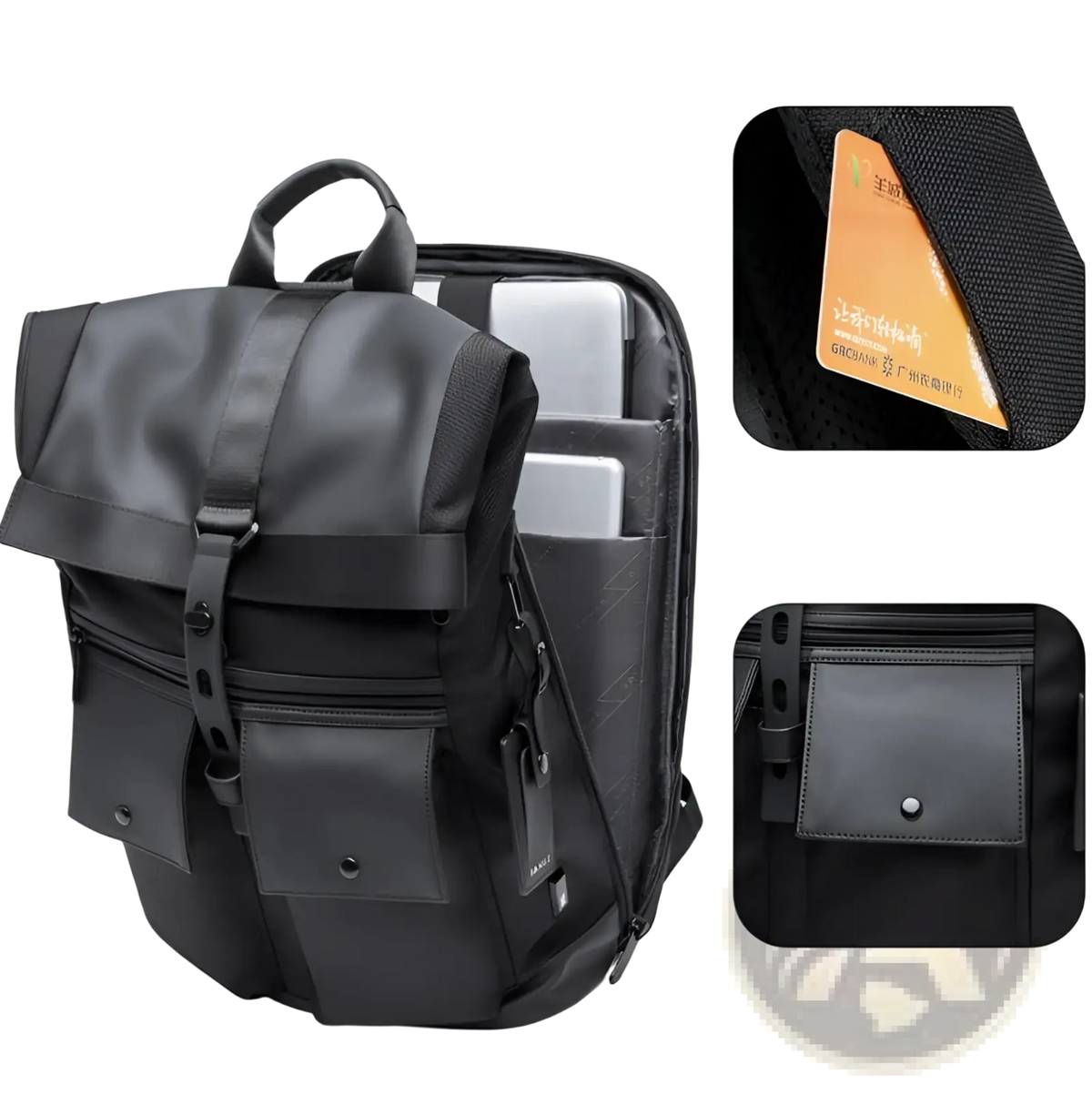 Men's 16 Inch Roll Top Laptop Backpack Black Nylon