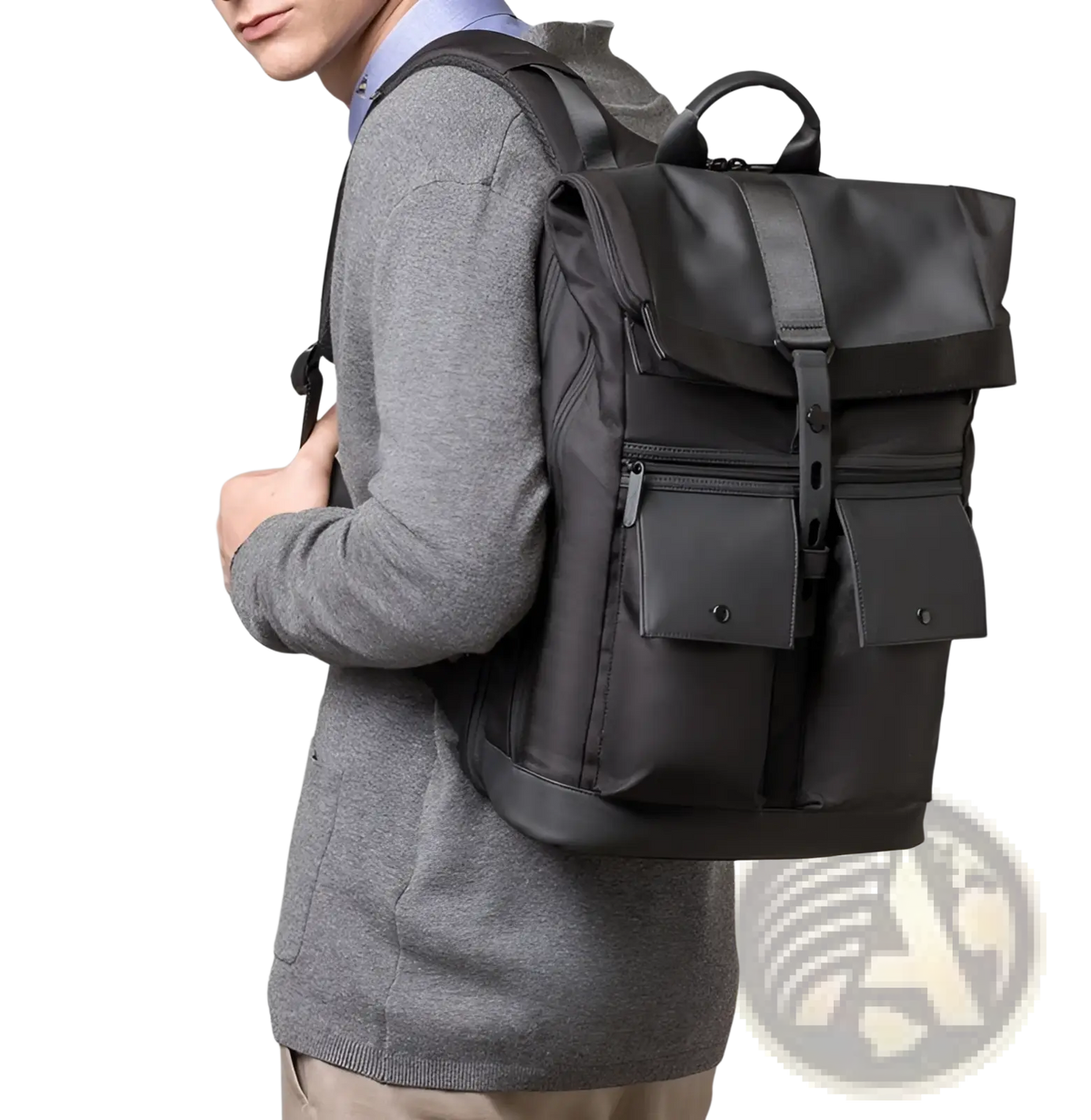 Men's 16 Inch Roll Top Laptop Backpack Black Nylon