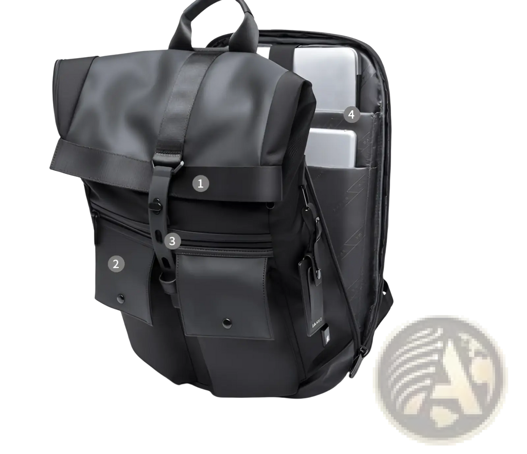 Men's 16 Inch Roll Top Laptop Backpack Black Nylon