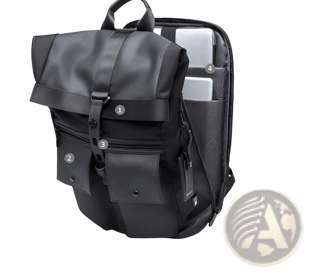 Men's 16 Inch Roll Top Laptop Backpack Black Nylon