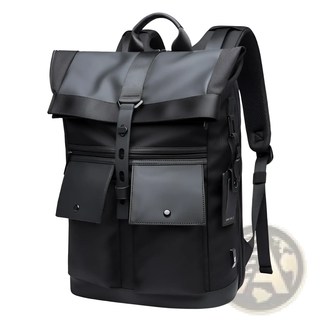Men's 16 Inch Roll Top Laptop Backpack Black Nylon