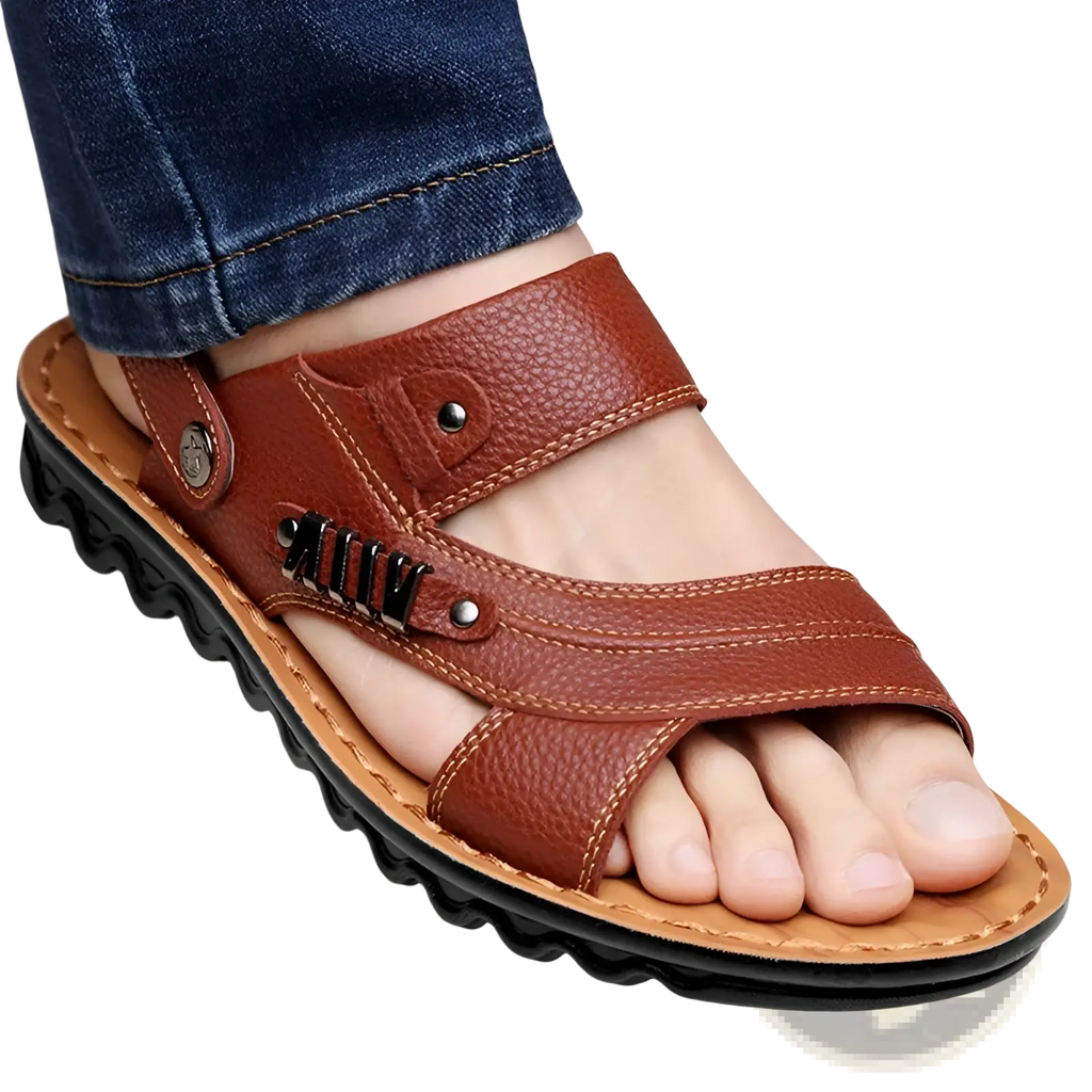 Men's Cowhide Leather Sandals with Buckle Accents