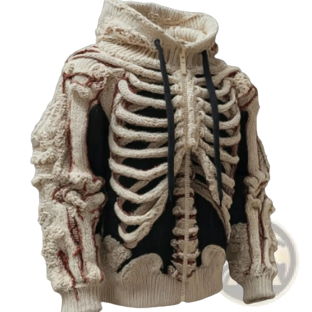 Men's Cream Skeletal Knit 3d Bone Pattern Hoodie