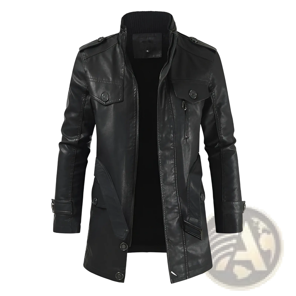 Men's Faux Leather Stand Collar Trench Coat