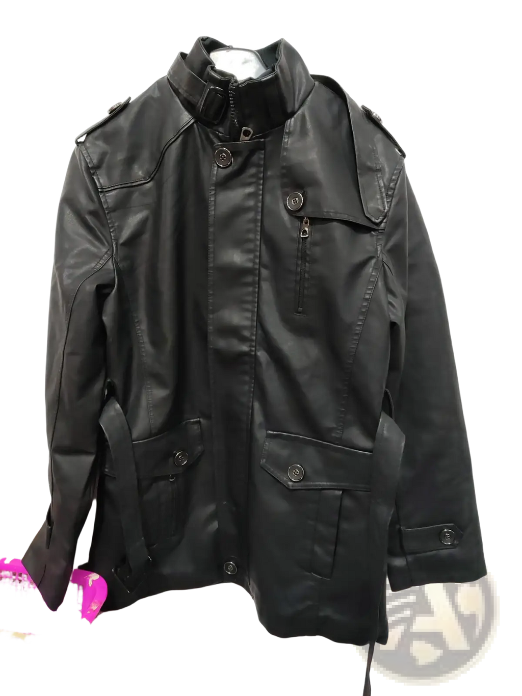 Men's Faux Leather Stand Collar Trench Coat