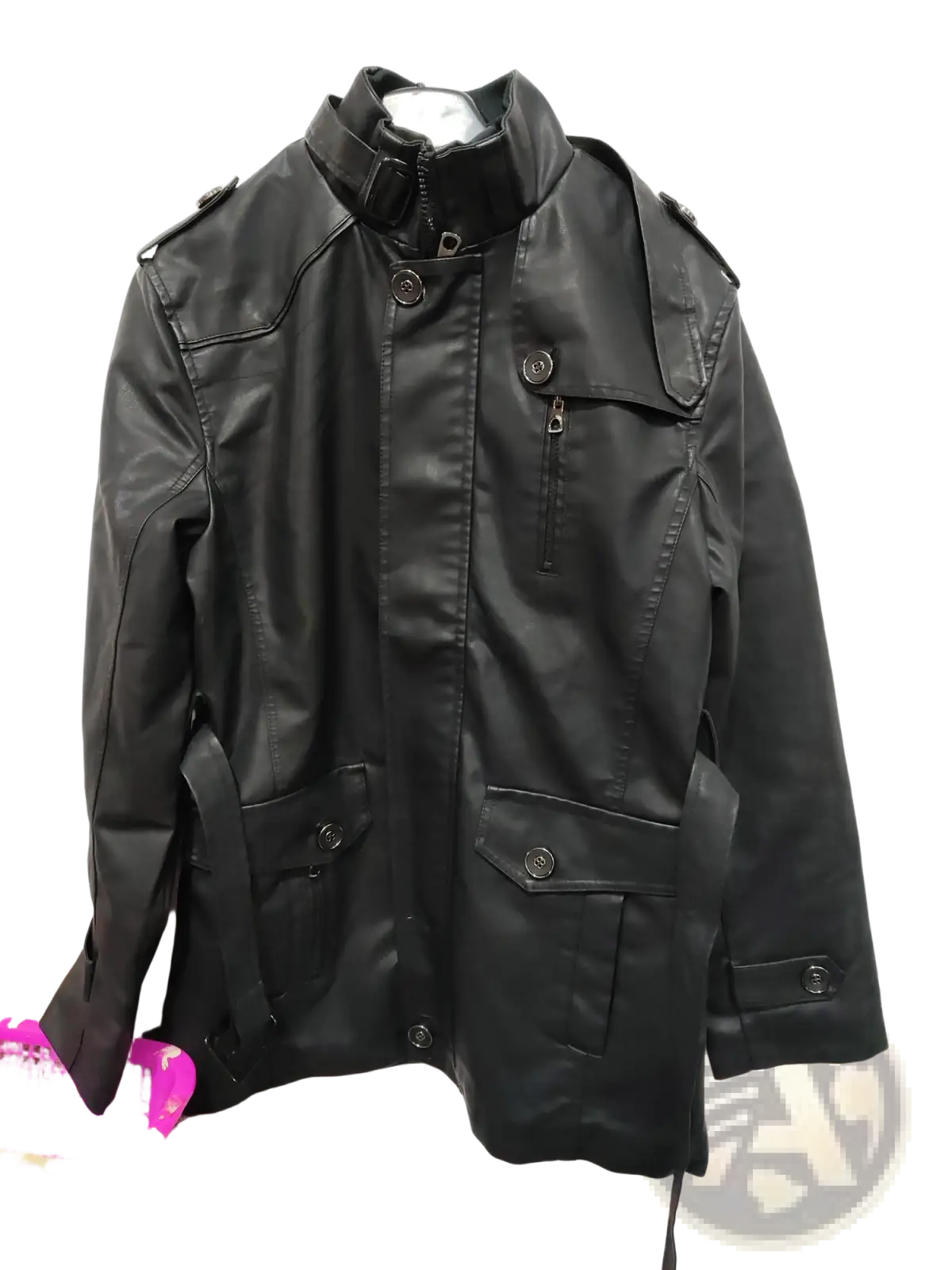 Men's Faux Leather Stand Collar Trench Coat