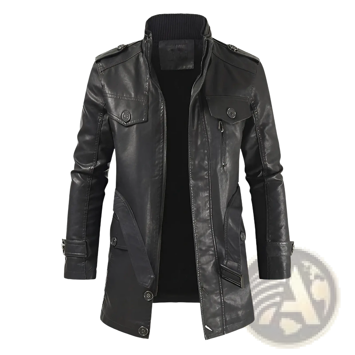Men's Faux Leather Stand Collar Trench Coat