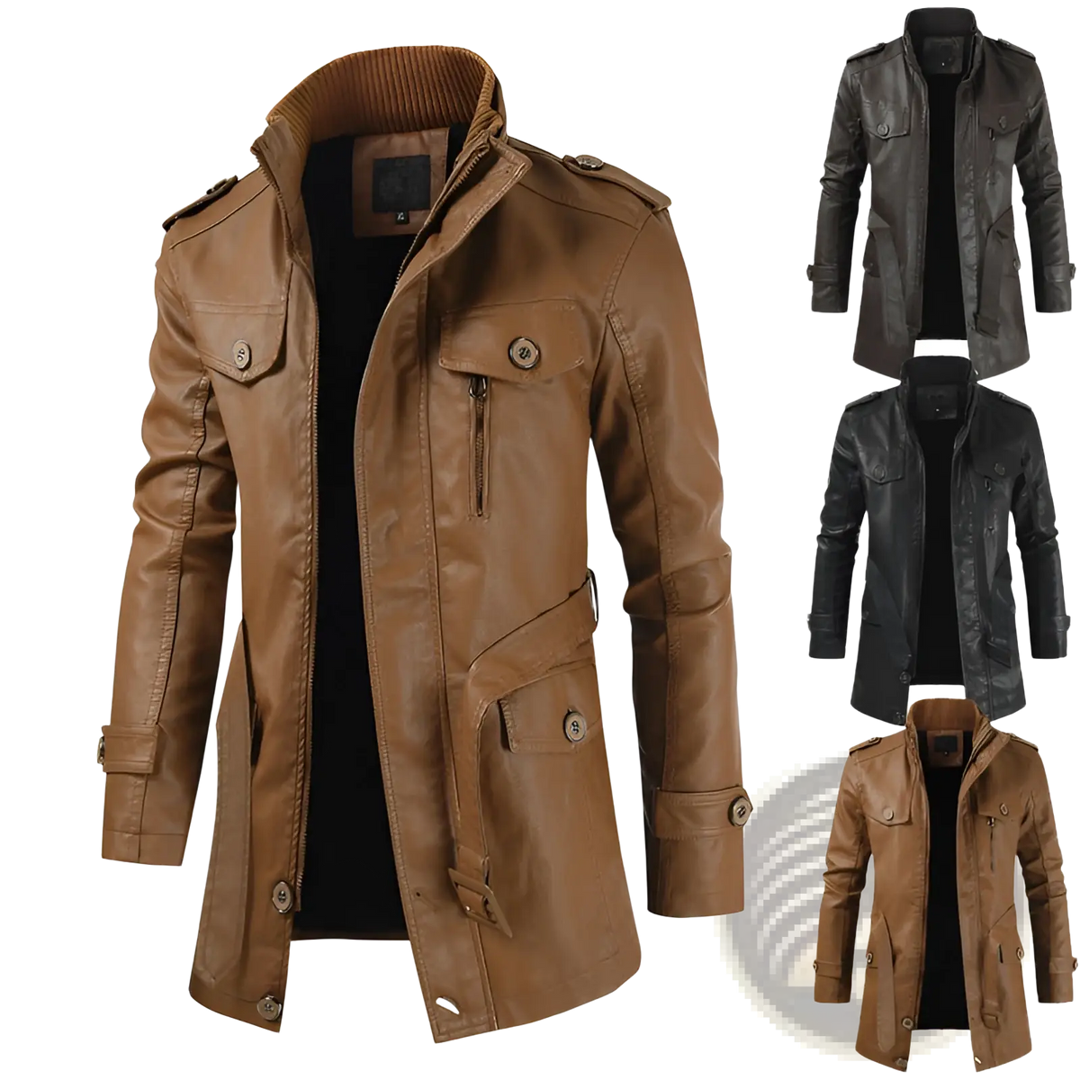 Men's Faux Leather Stand Collar Trench Coat