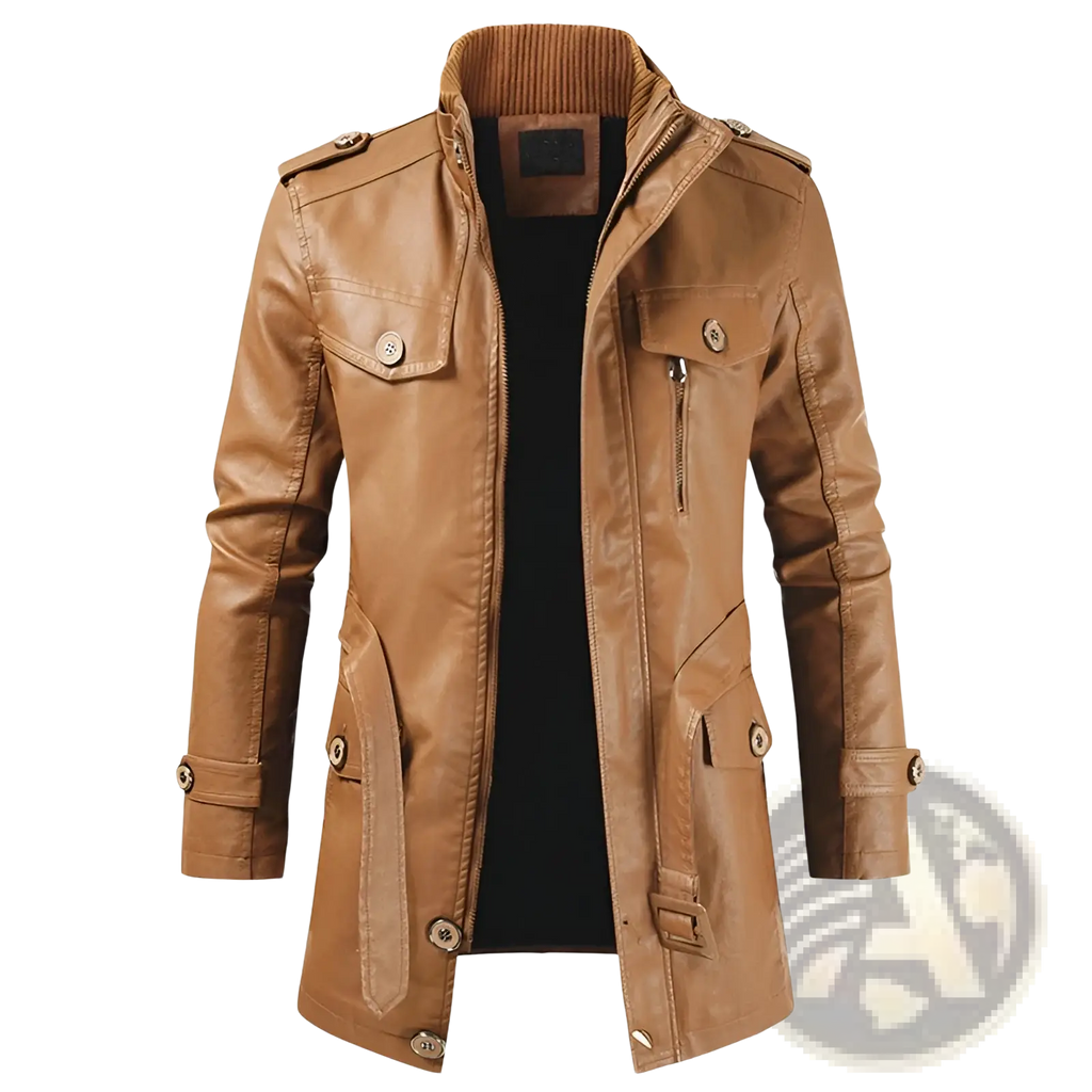 Men's Faux Leather Stand Collar Trench Coat
