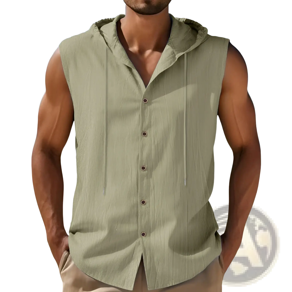 Men's Linen Blend Sleeveless Hooded Button Up Shirt