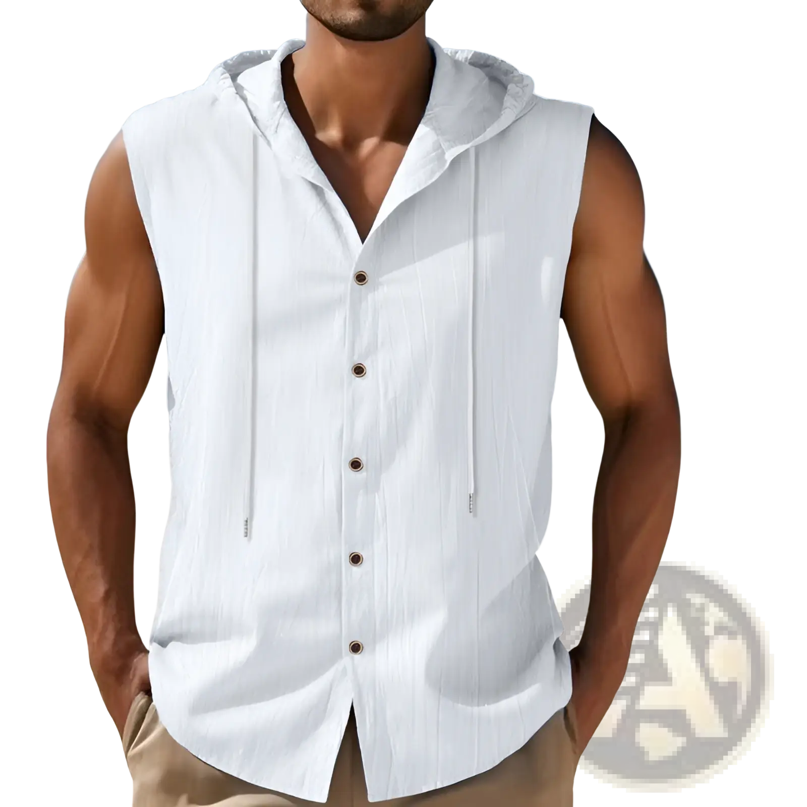 Men's Linen Blend Sleeveless Hooded Button Up Shirt
