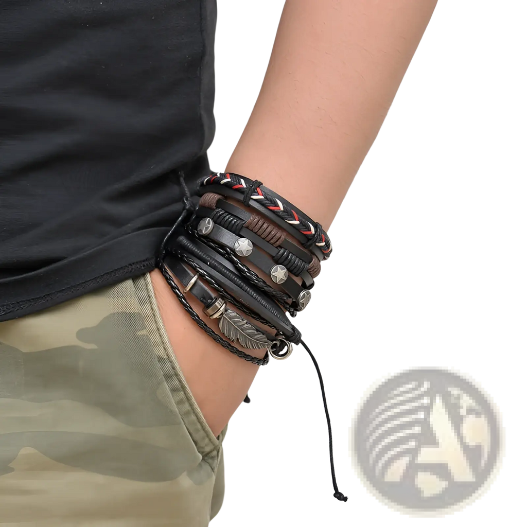 Men's Multilayer Leather Bracelet with Star Charms