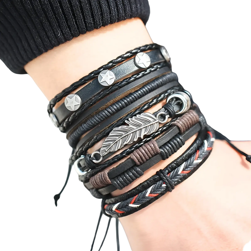 Men's Multilayer Leather Bracelet with Star Charms