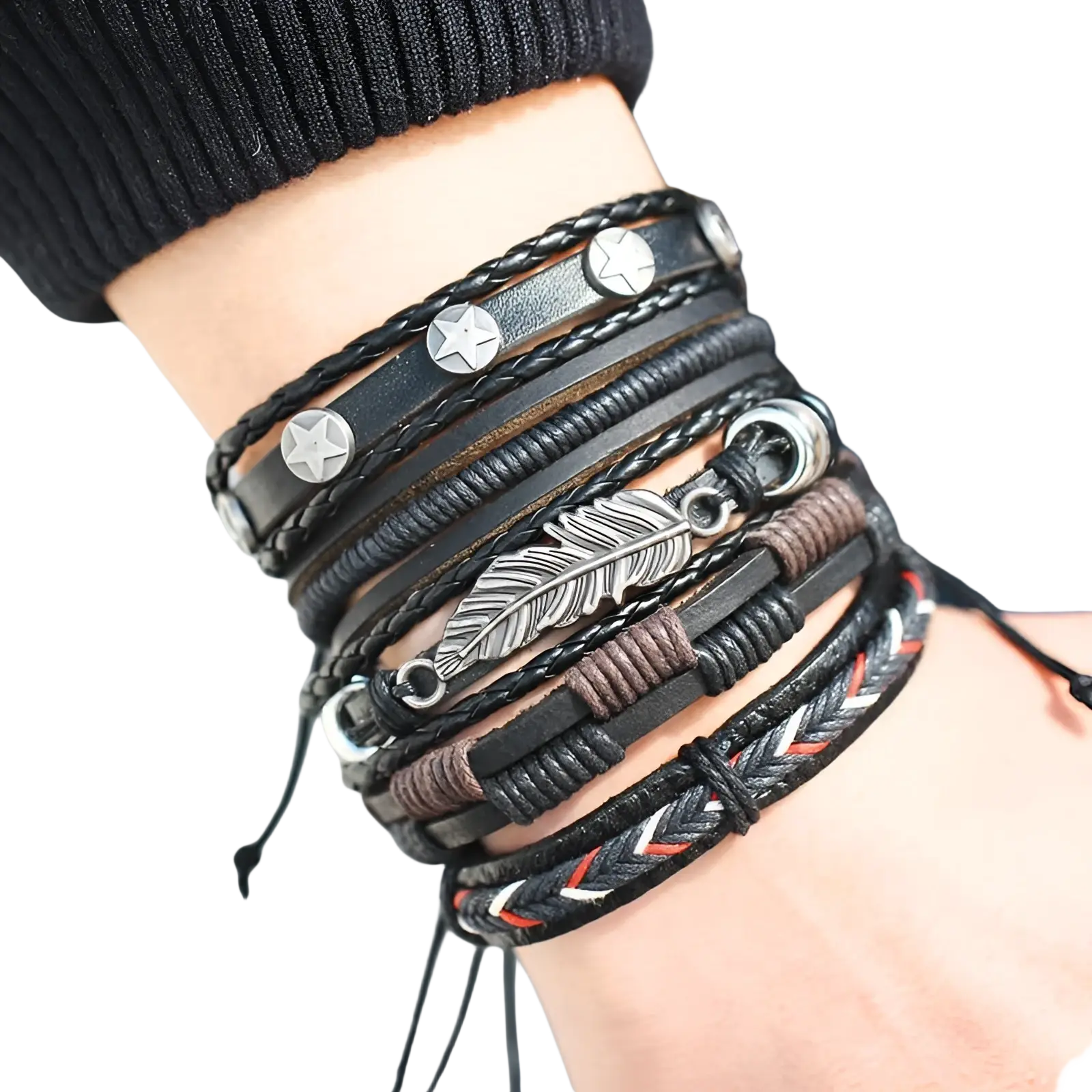 Men's Multilayer Leather Bracelet with Star Charms
