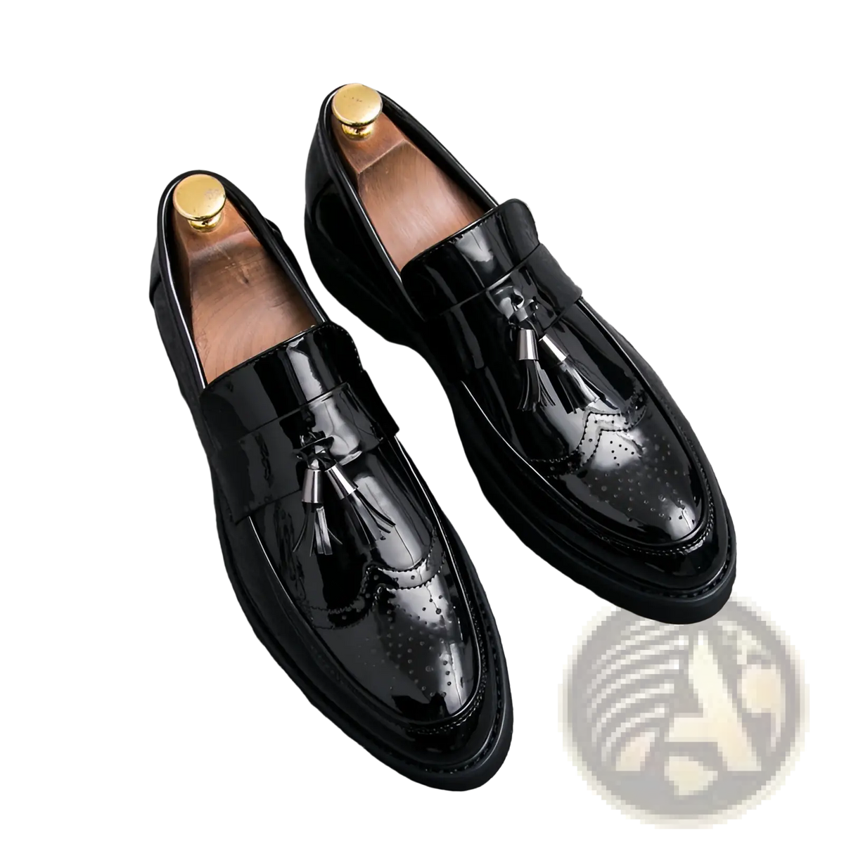 Men's Patent Leather Tassel Loafers with Metallic Strap