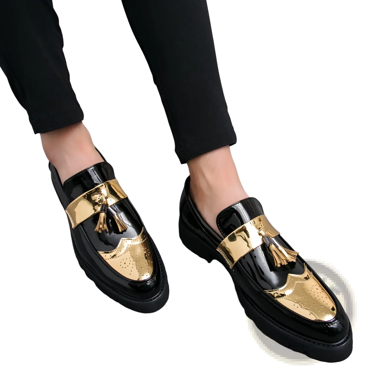 Men's Patent Leather Tassel Loafers with Metallic Strap