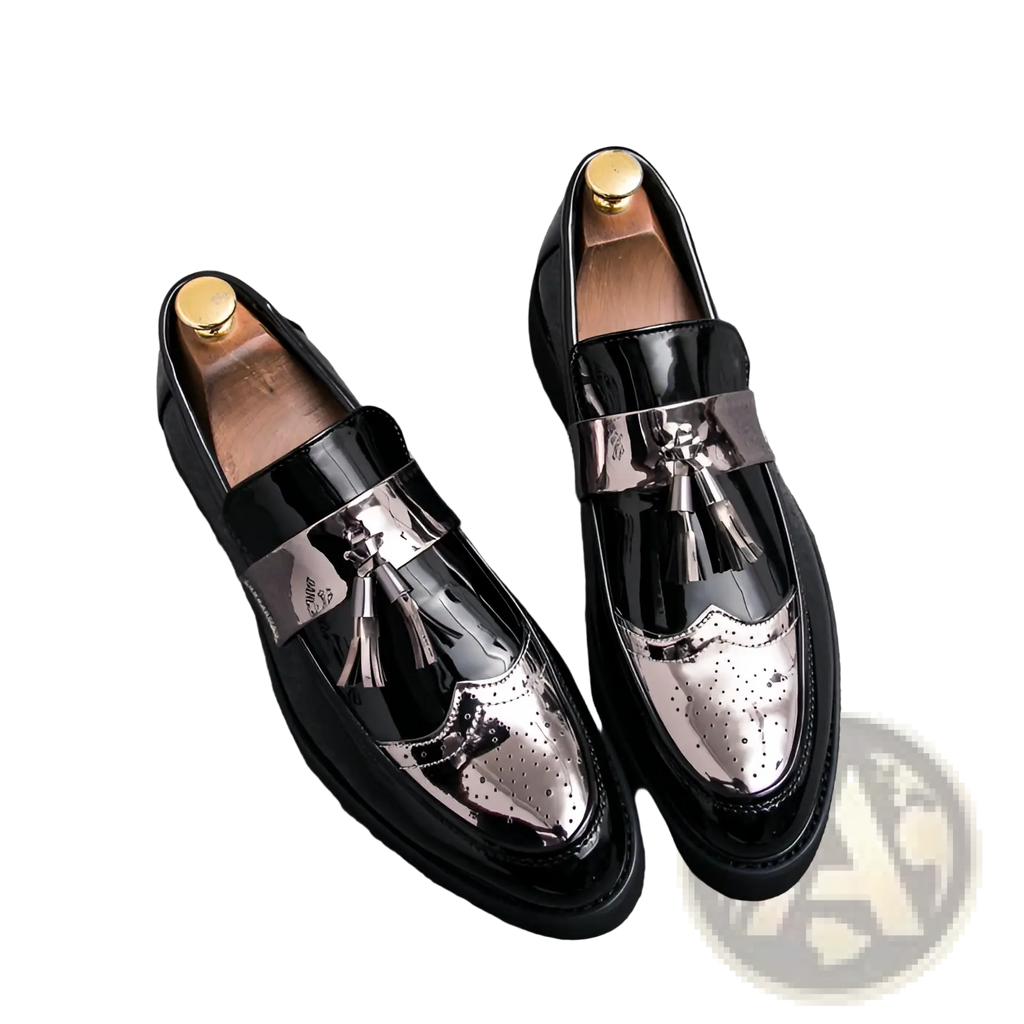 Men's Patent Leather Tassel Loafers with Metallic Strap