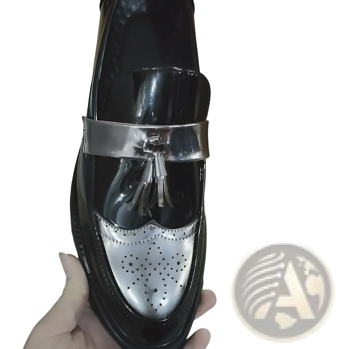 Men's Patent Leather Tassel Loafers with Metallic Strap