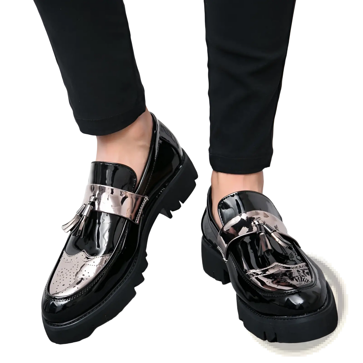 Men's Patent Leather Tassel Loafers with Metallic Strap