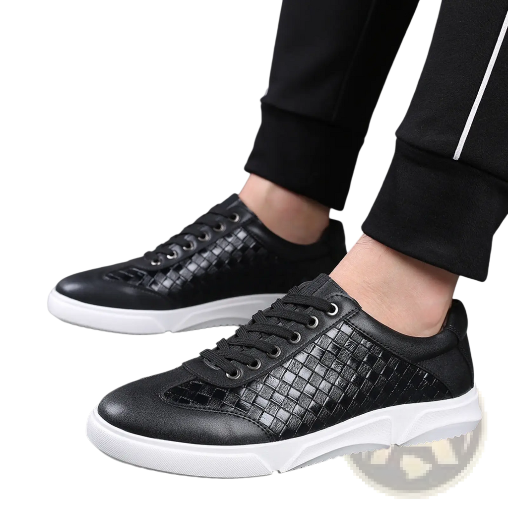 Men's Woven Leather Casual Sneakers White Black